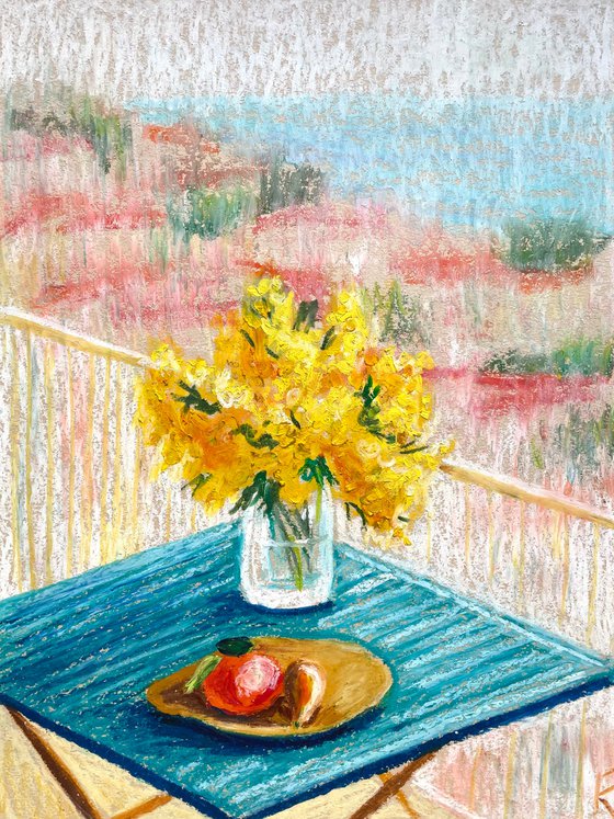 Mimosa Original Painting, Yellow Flowers Oil Pastel Painting, Italian Balcony Drawing