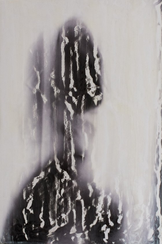 "Portrait of a lost soul" (60x40x2,5cm) - Unique figurative artwork on wood (abstract, figurative, gouache, original, painting, portrait, acrylic, oil, watercolor, encaustics, beeswax, resin, wood, fingerpaint)