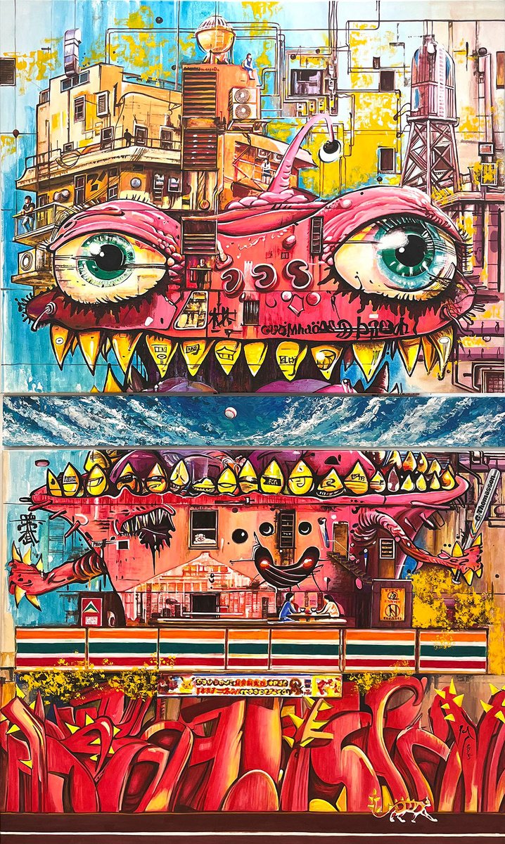 Urban And Pop Cityscapes Acrylic Painting By Pavs, 39 X 67", King Thomasson, Original Artwork