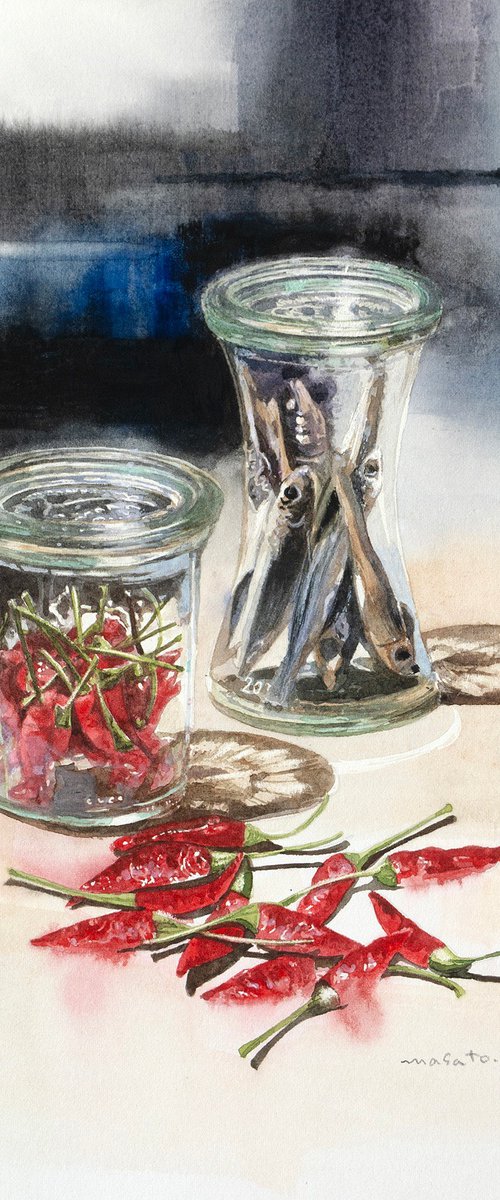 Dried Chili Peppers- Still Life Watercolor by Masato Watanabe