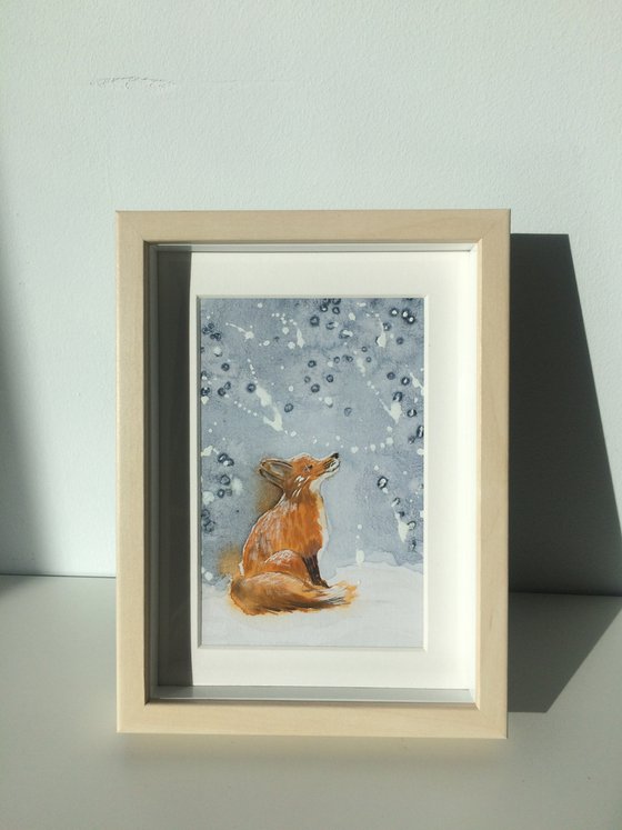 Fox portrait - Animal in the winter forest - Small watercolor on canvas - Framed artwork - Christmas gift idea