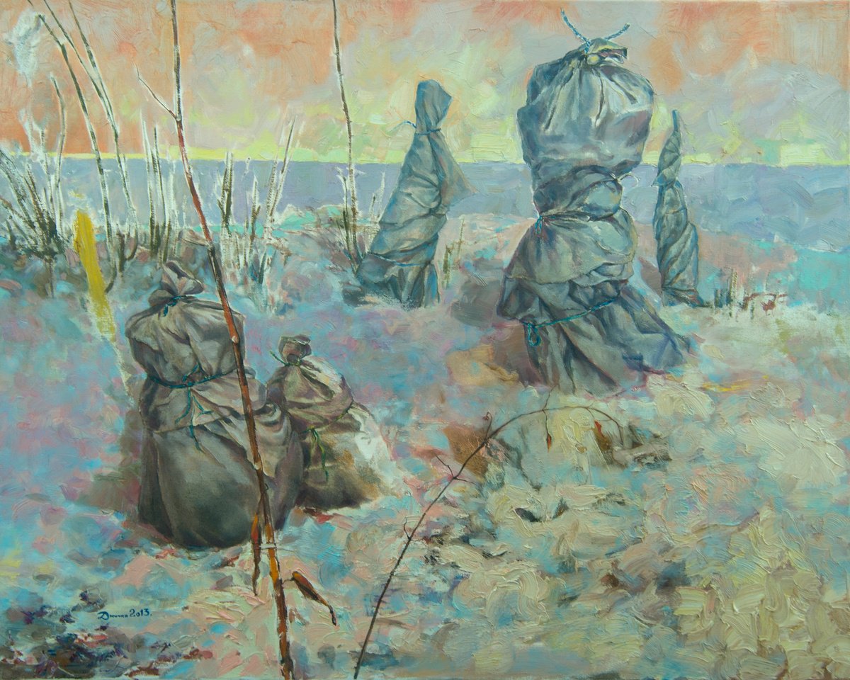 Landscape Oil Painting By Mykola Dzhychka, 41 X 33", Winter Gardening, Original Artwork