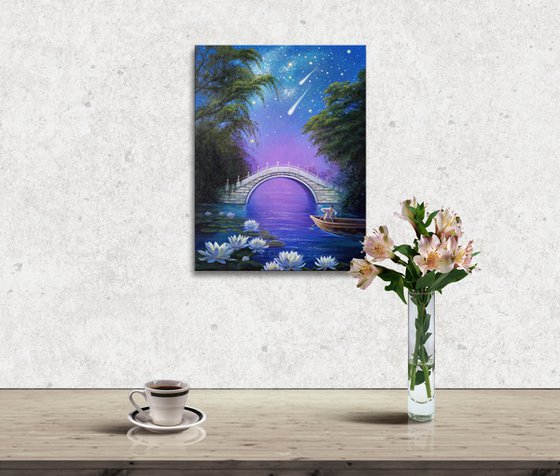 "The mystery of the night", landscape art, night sky painting