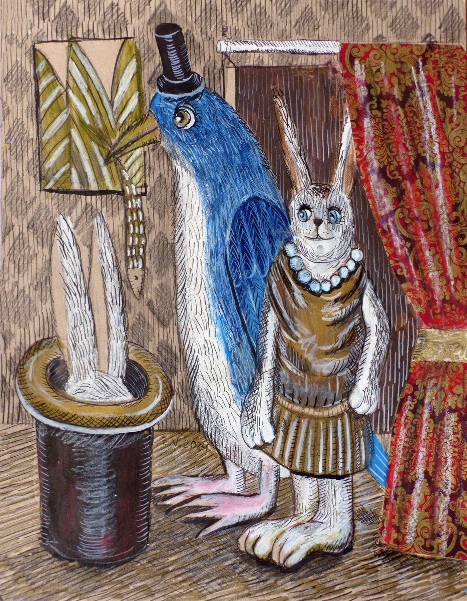 Surrealistic Animal Painting By Elizabeth Vlasova, 11 X 14, Unexpected Guest, Original Artwork