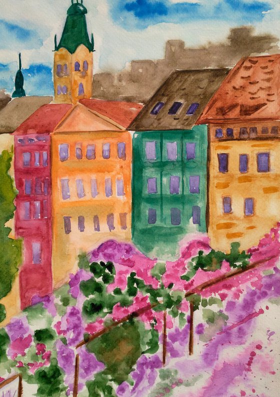 Lviv Painting Cityscape Original Art Roofs Watercolor Artwork Home Wall Art 10 by 14" by Halyna Kirichenko