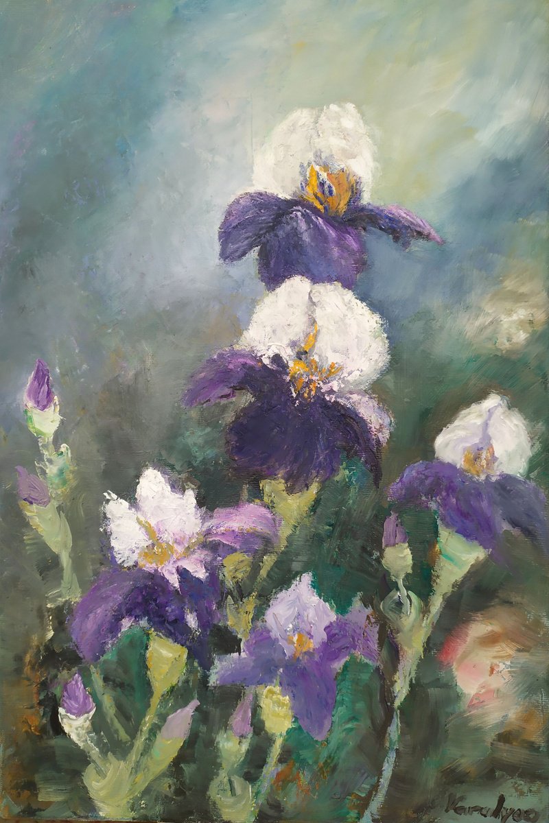 Impressionistic Botanical Oil Painting By Maria Karalyos, 12 X 18", Irises, The Flowers Of Spring, Original Artwork