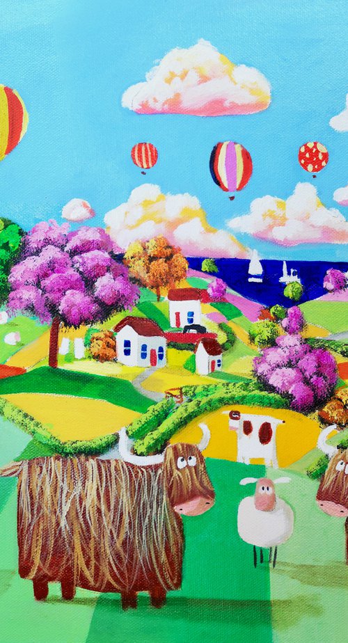 Two Highland cows folk art painting