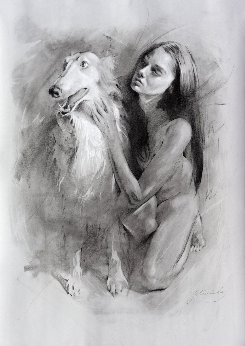 Impressionistic Animal Charcoal Drawing By Jonas Kunickas, 20 X 28, P24-0924 Friendship, Original Artwork