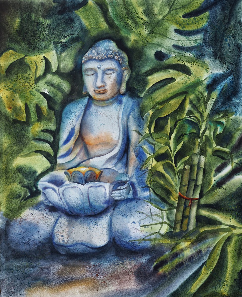 Jungle buddha - original meditation watercolor by Delnara El