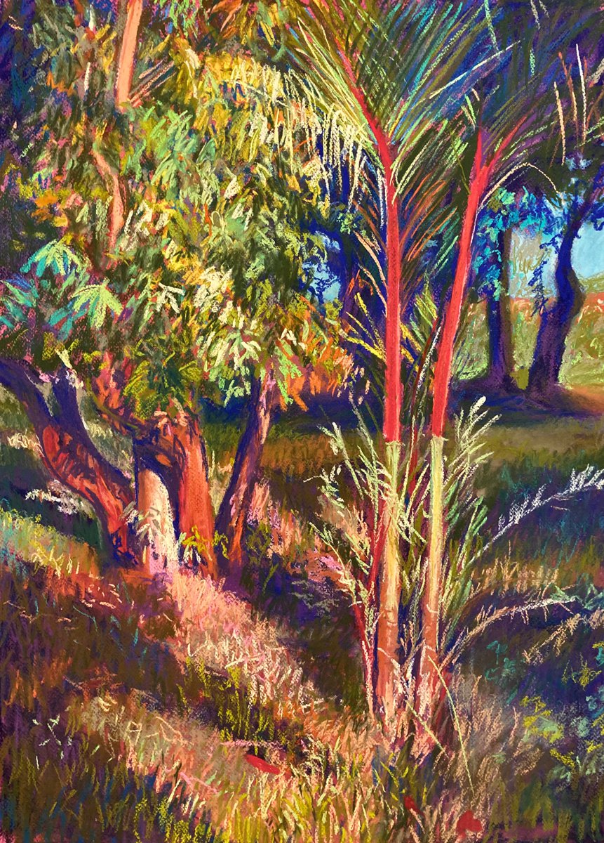 Impressionistic Landscape Pastel Drawing By John Cottee, 22 X 30, Red Palms, Original Artwork