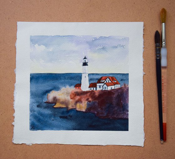 Lighthouse original watercolor painting on craft paper, sea and rocks, hygge home decor