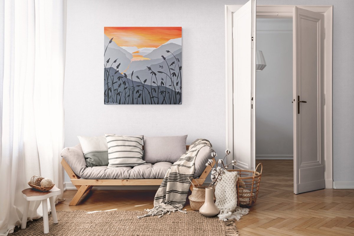 Organic Landscape Acrylic Painting By Sam Martin, 30 X 30", Sunset From Haystacks, Buttermere, Original Artwork