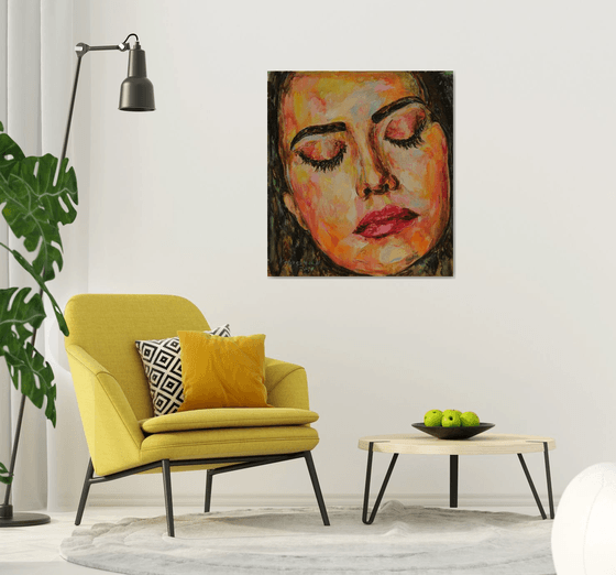 SUMMER NIGHT DREAM - Female portrait, original oil painting, large size, face, look, eyes, tender, love, interior