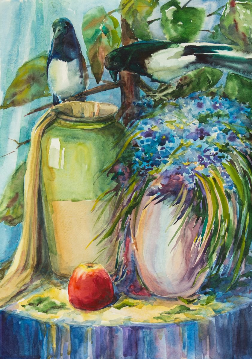 Impressionistic Still Life Watercolour By Galyna Shevchencko, 17 X 23, Still Life With Birds, Original Artwork