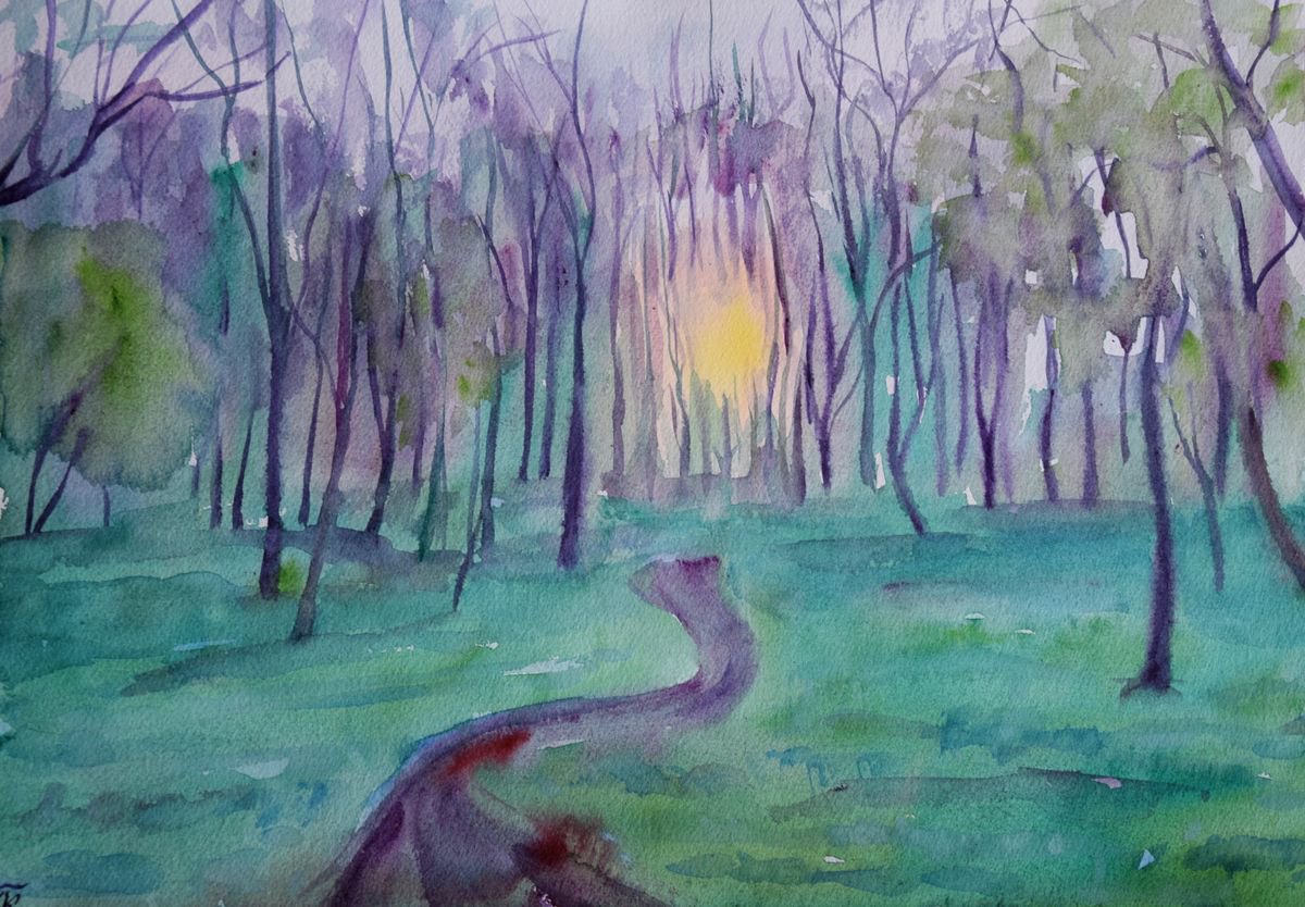 Sunset forest original watercolor painting Sun through trees by Kate Grishakova