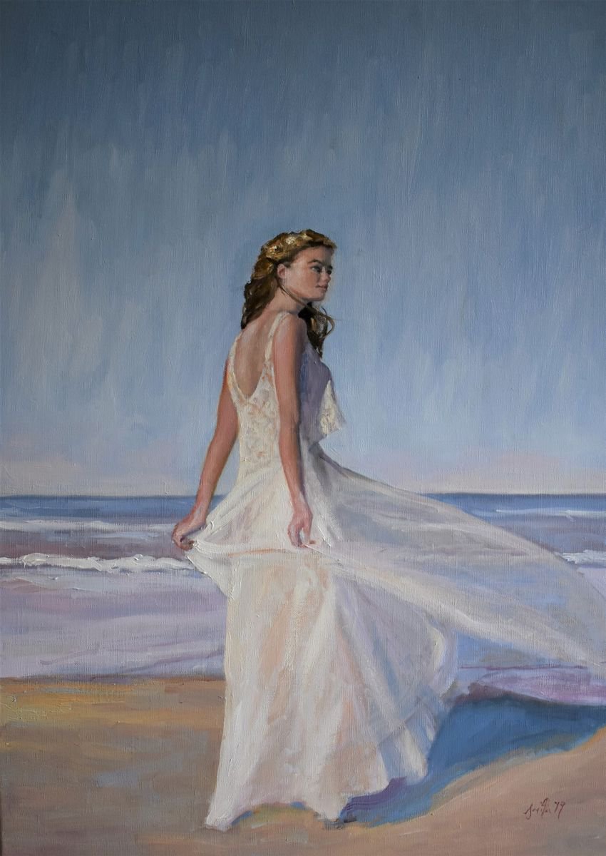 Sea Breeze-Impressionist beach figure oil painting. 50x70cm. by Jackie Smith