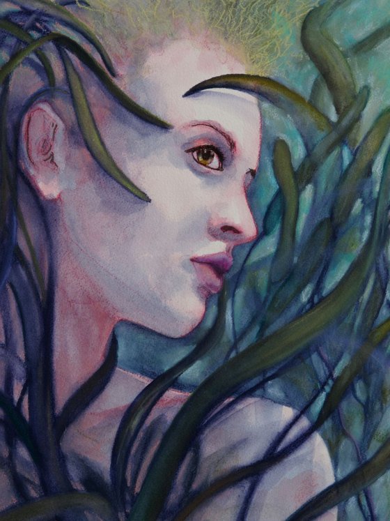 The Mermaid - woman portrait mixed media on paper