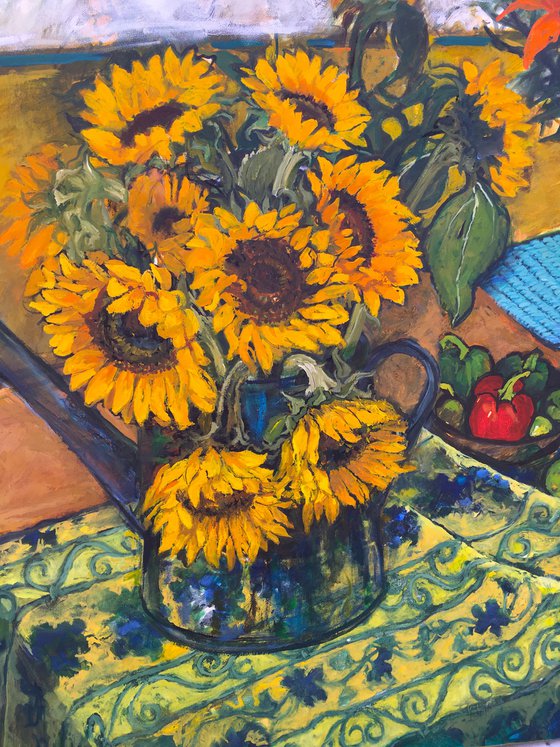 Sunflowers and French Tablecloth still Life, large,