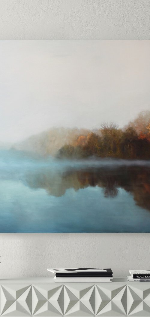" Morning fog " River neutral oil art by Mary Amur