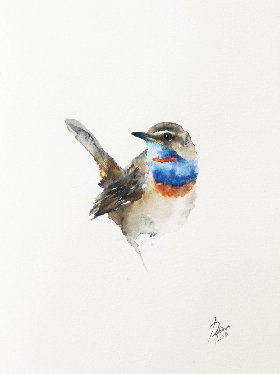 Illustrative Animal Watercolour By Andrzej Rabiega, 12 X 16, Bluethroat (Luscinia Svecica), Original Artwork