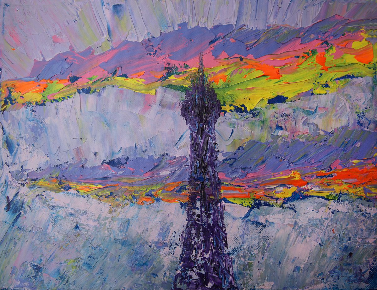 Impressionistic Cityscapes Acrylic Painting By Denys Kuvaiev, 14 X 11, Eiffel Tower And Colorful Sky, Original Artwork