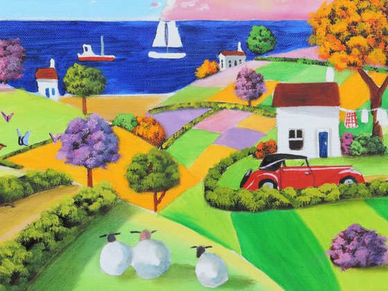 Folk art landscape happy seaside