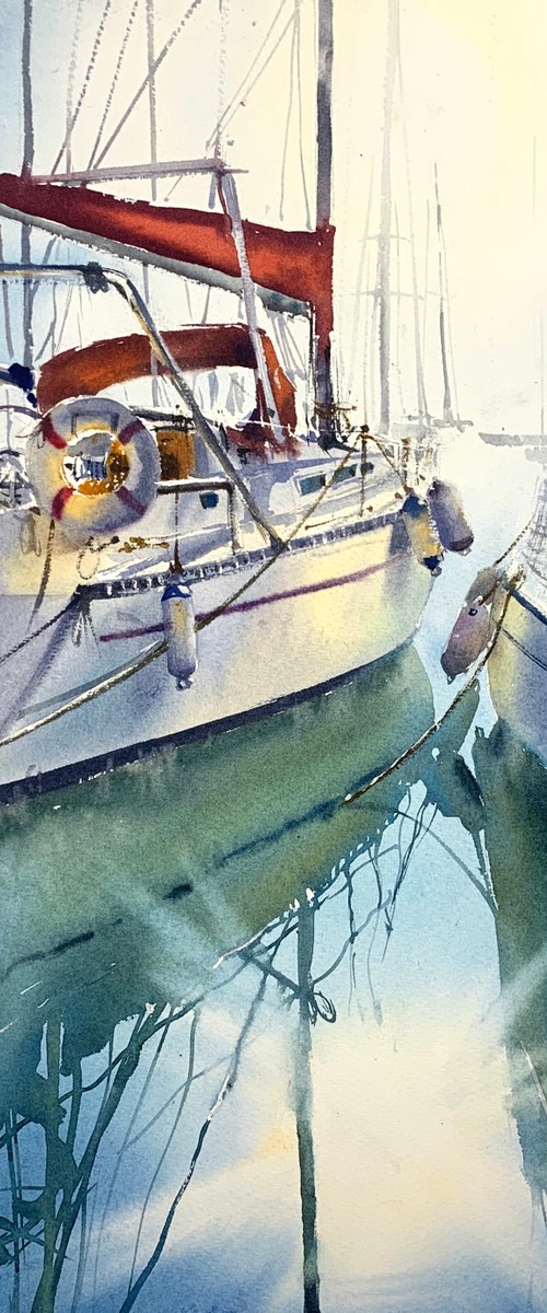 Moored yachts in the sun by Eugenia Gorbacheva
