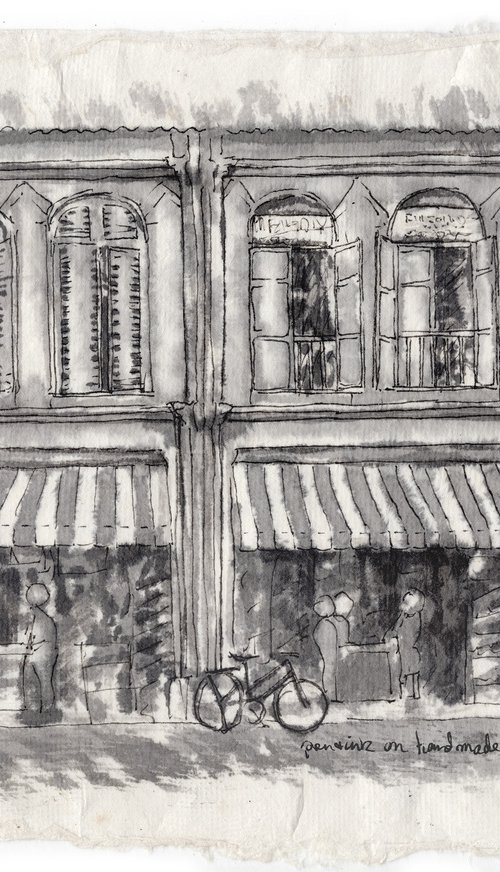 Shophouses, Singapore, pen & ink by Gordon T.