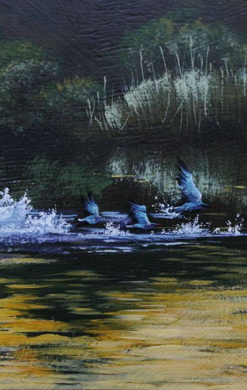 Ducks on the river Acrylic on panel 20x30cm by Eugene Gorbachenko