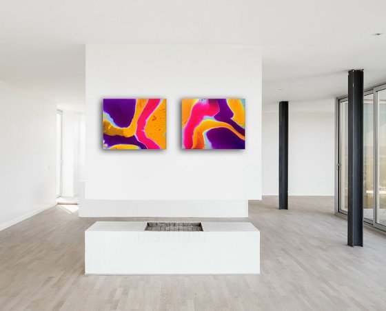 "Flow With Me Series" - Original Diptych, Abstract PMS Fluid Acrylic Paintings Series - 40" x 16"