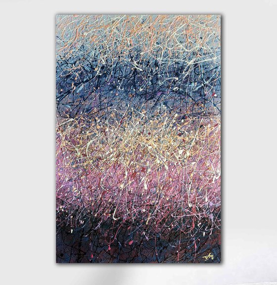 Lavander Meditation White beige blue abstract painting with meaning Philosophical painting Jackson Pollock style
