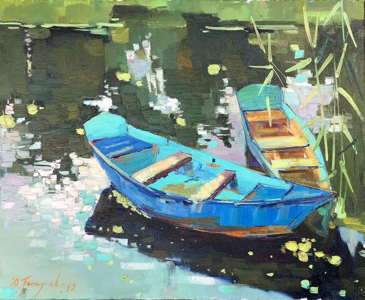 Impressionistic Landscape Oil Painting By Yuliia Pastukhova, 24 X 20", Boats, Original Artwork
