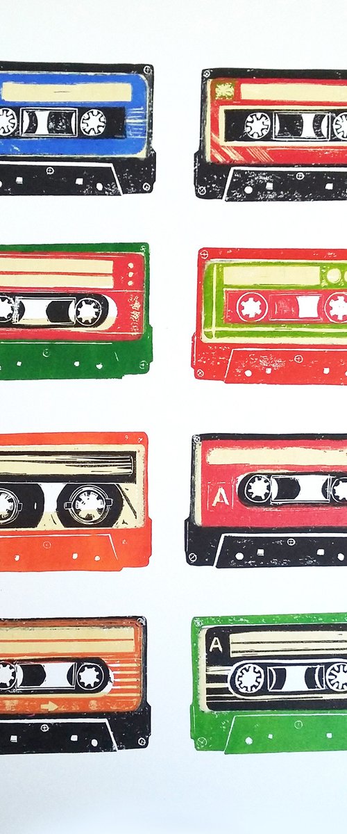 Linocut tapes #43 (cassette tapes, retro music, 70's, 80's rock culture) by Carolynne Coulson