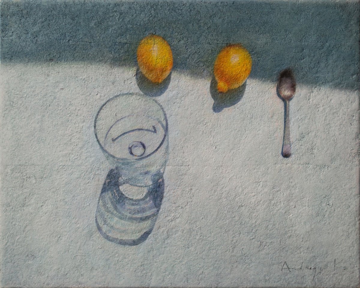 Photorealistic Still Life Acrylic Painting By Andrejs Ko, 20 X 16, Two Lemons And A Spoon, Original Artwork