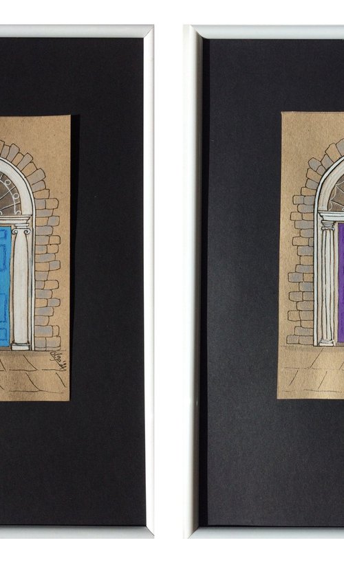 Violet and azure doors - Set of 2 architecture mixed media drawings in frames by Olga Ivanova