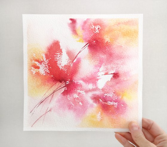 Red abstract flowers, small watercolor painting