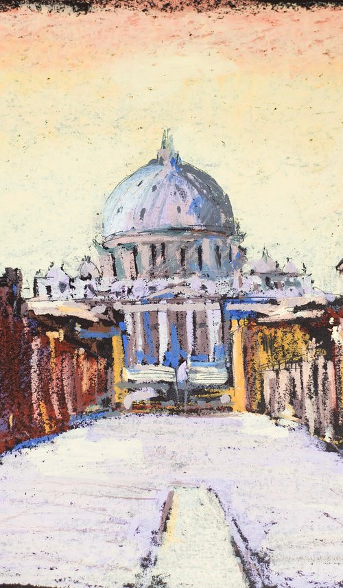 Sunset in Rome. View of San Pedro. Cities of my dreams series. Small oil pastel drawing bright colors italy by Sasha Romm