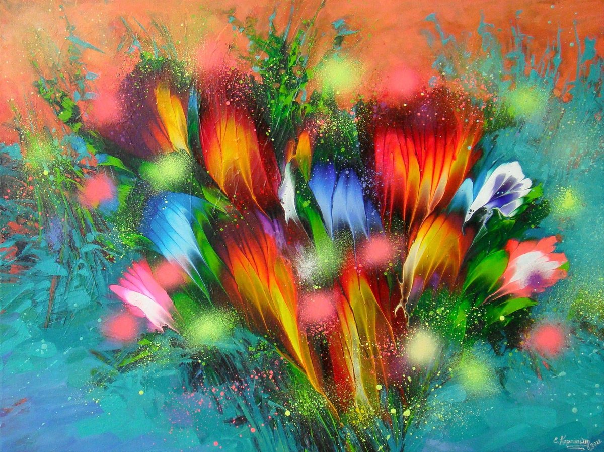 Emerald Bouquet of Happiness Abstract Painting 60 x 80cm by Irini Karpikioti