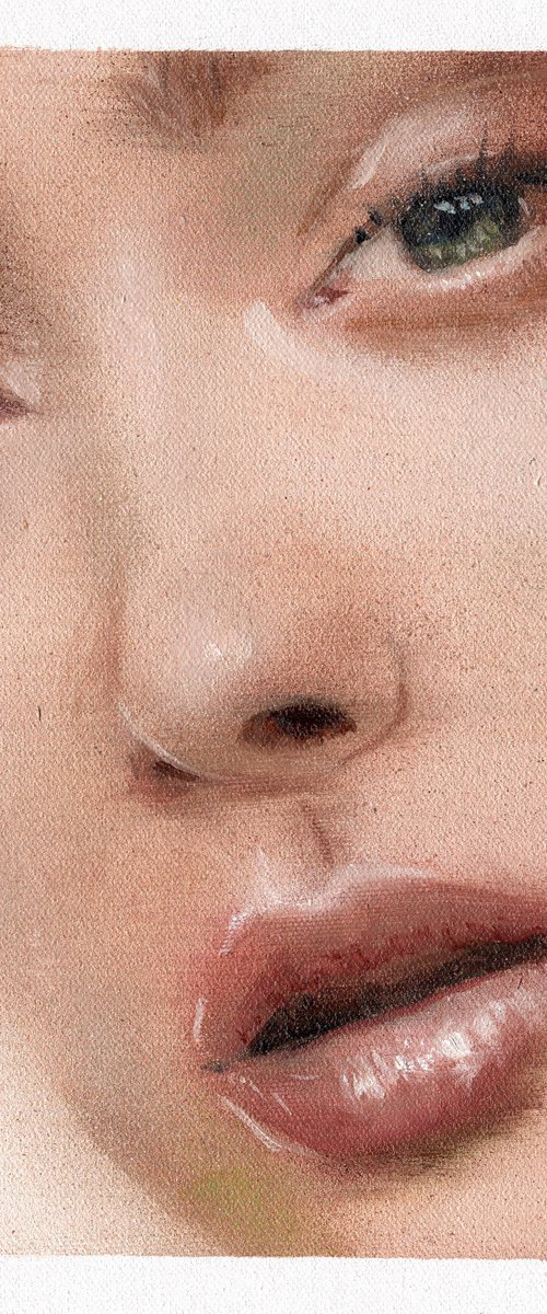 Laura - beauty oil painting of women female on canvas with red makeup closeup green eyes female by Renske Karlien Hercules