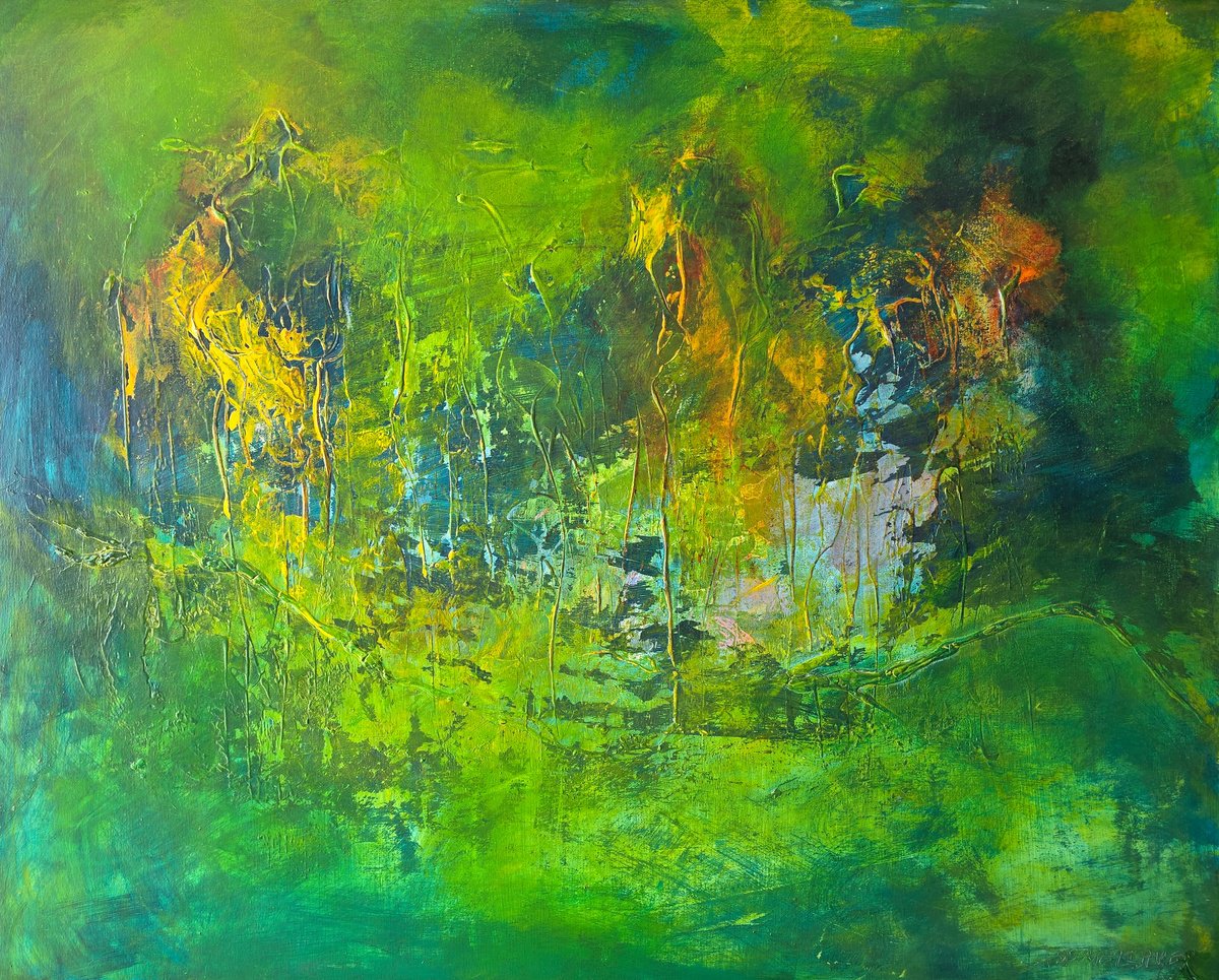 Organic Landscape Acrylic Painting By Doris Duschelbauer, 39 X 32, Summer Garden - Jardi?n De Verano, Original Artwork