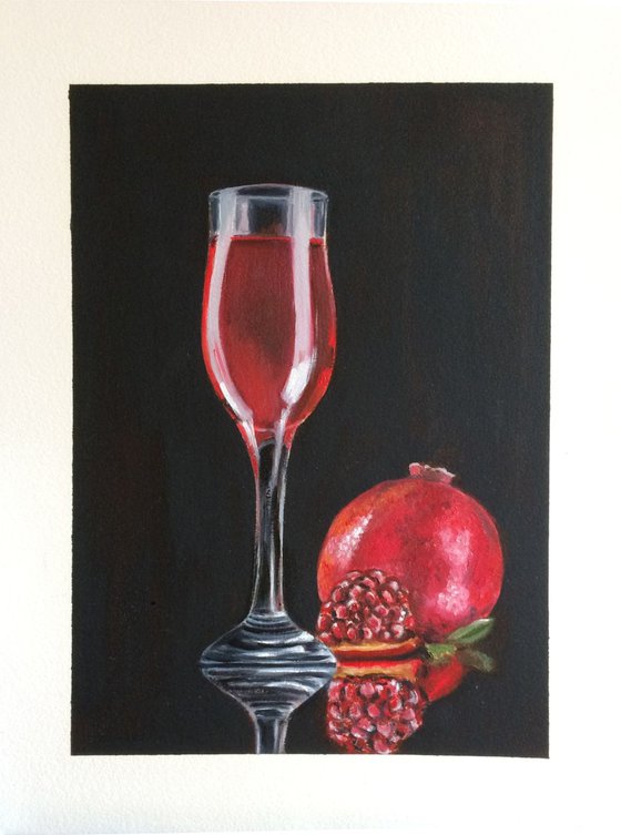 Still life with wine and pomegranate