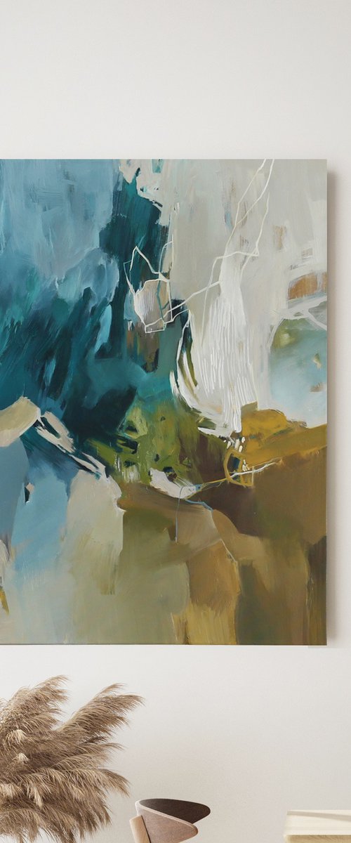 "Melody"  Teal gray white abstract art by Nina