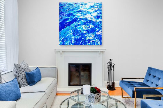 Sea ocean blue color waves with bright sun glares water reflections. Impressionistic artwork. Large wall art home decor. Art Gift