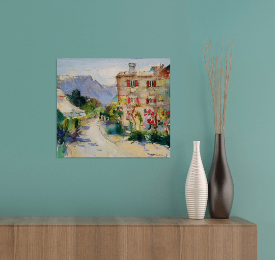Sunny day. Streets of the southern city . Montenegro . Original plein air oil painting