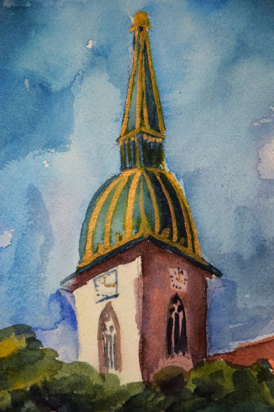 Bratislava church ORIGINAL watercolor painting, travel city gift, Slovakia Europe cityscape, plein air artwork