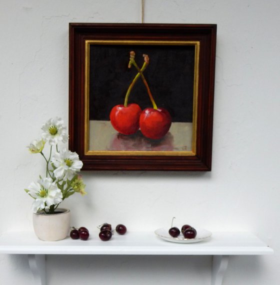 First cherries of this summer. Still life, 25x25cm