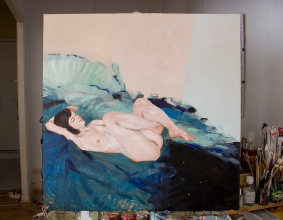modern nude of a sleepy woman on light background