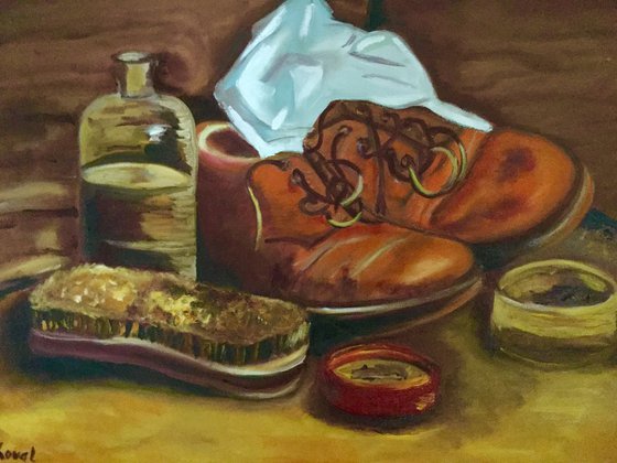 OLD GRANDFATHER BOOTS. Still life on linen canvas.