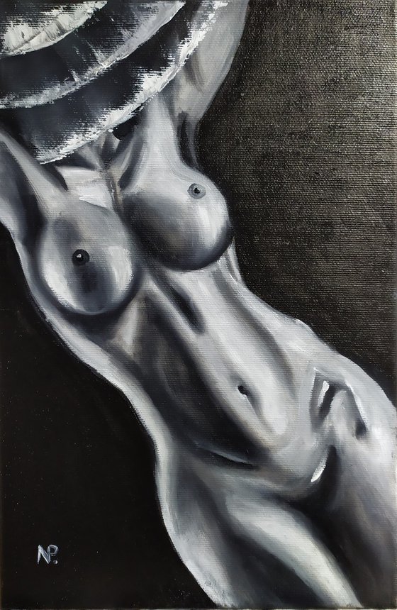 In a hat, original nude erotic black and white gestural girl oil painting