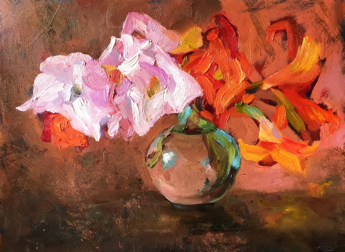Lilies Floral Still life Oil Painting by Lena Ru